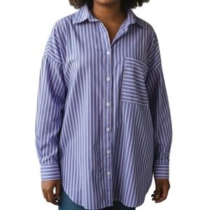 LOFT Women size‎ L Blue Pink Stripe Long Sleeve Button Down Shirt preppy classic